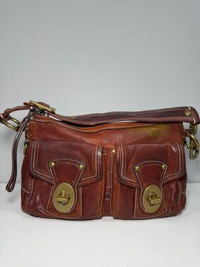 Coach Brown Leather Double Pocket Shoulder Bag with Brass Hardware